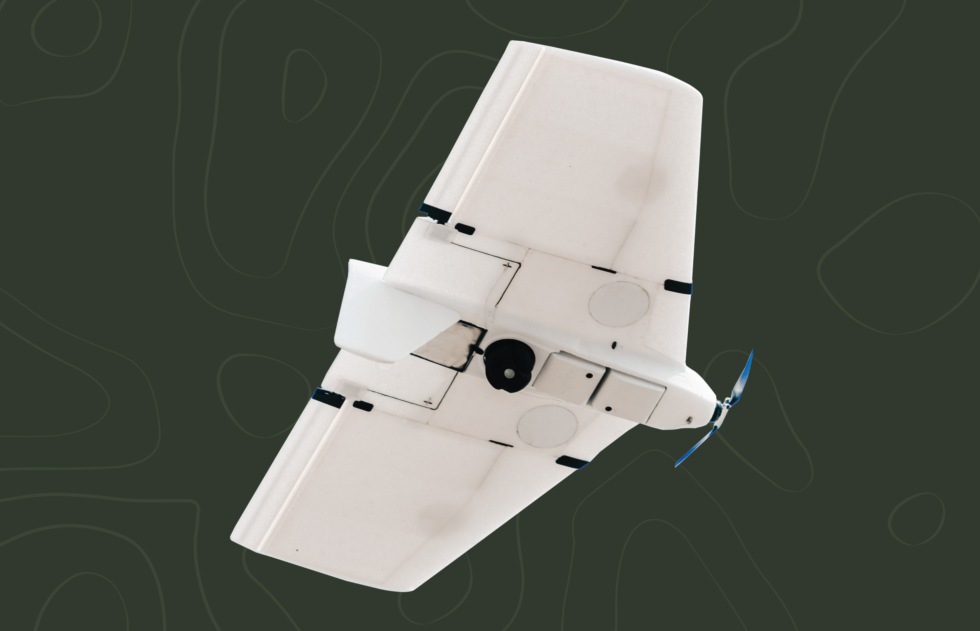 SHADOWLEAF fixed-wing UAV from an underside angle.