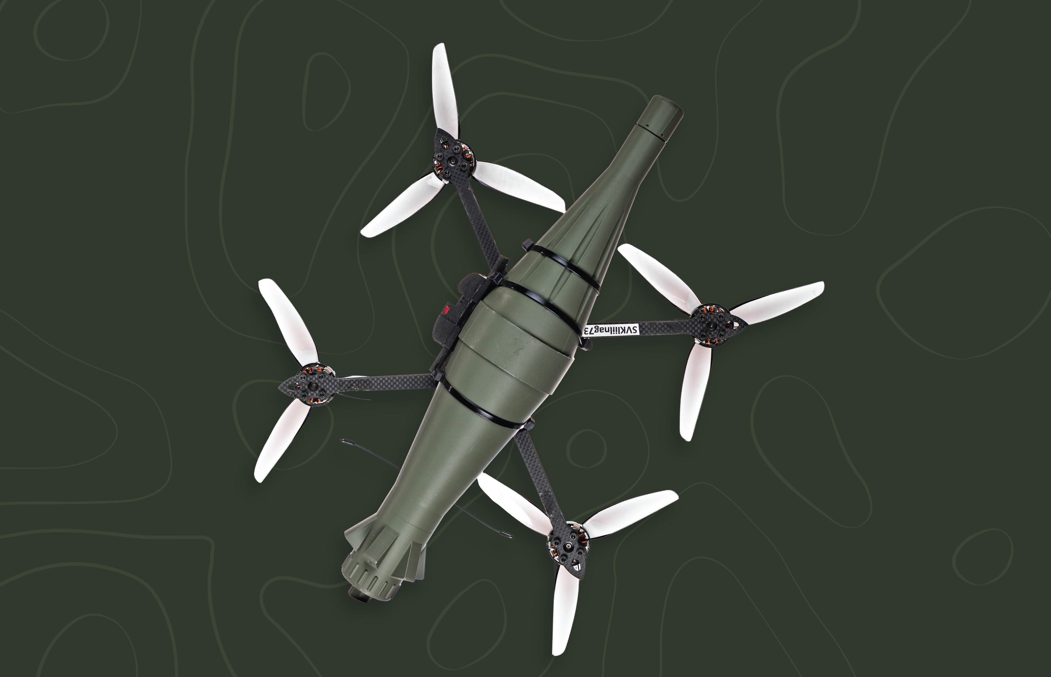FPV U10 quadcopter carrying a cylindrical payload.