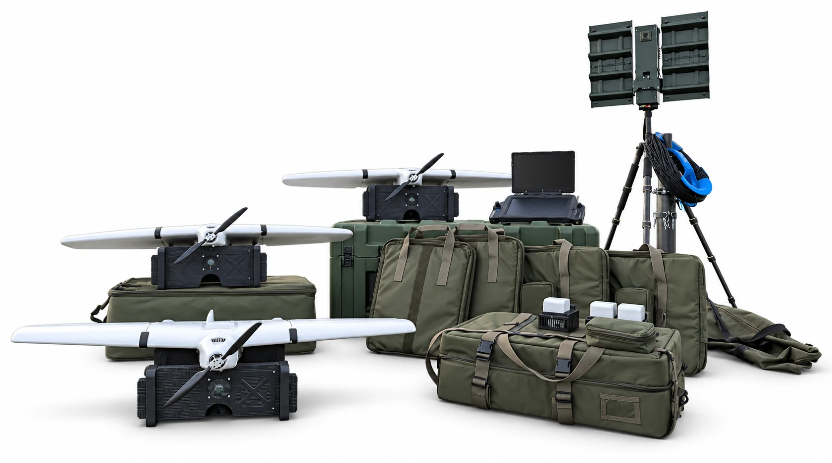 SHADOWLEAF field complex with UAVs, transport cases, control station, and antenna array on a white studio background.