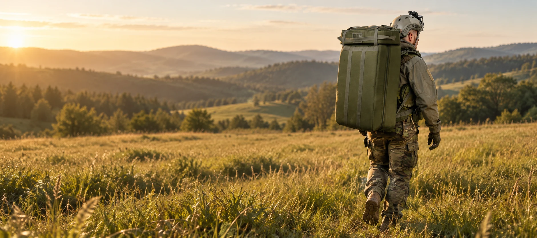 Operator walking across an open field carrying a UAV transport pack.