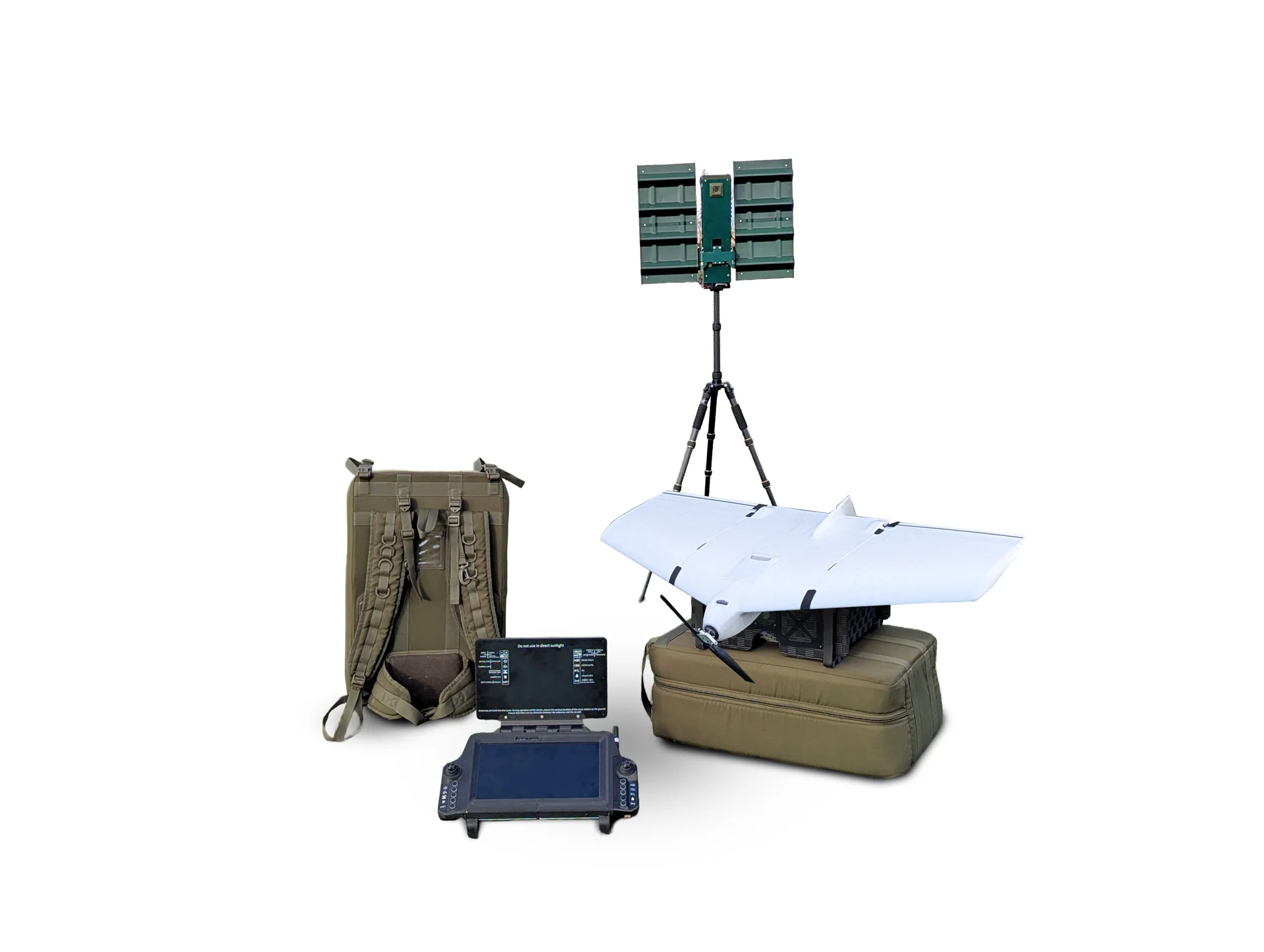 UAV field system with aircraft, equipment bags, and a panel antenna