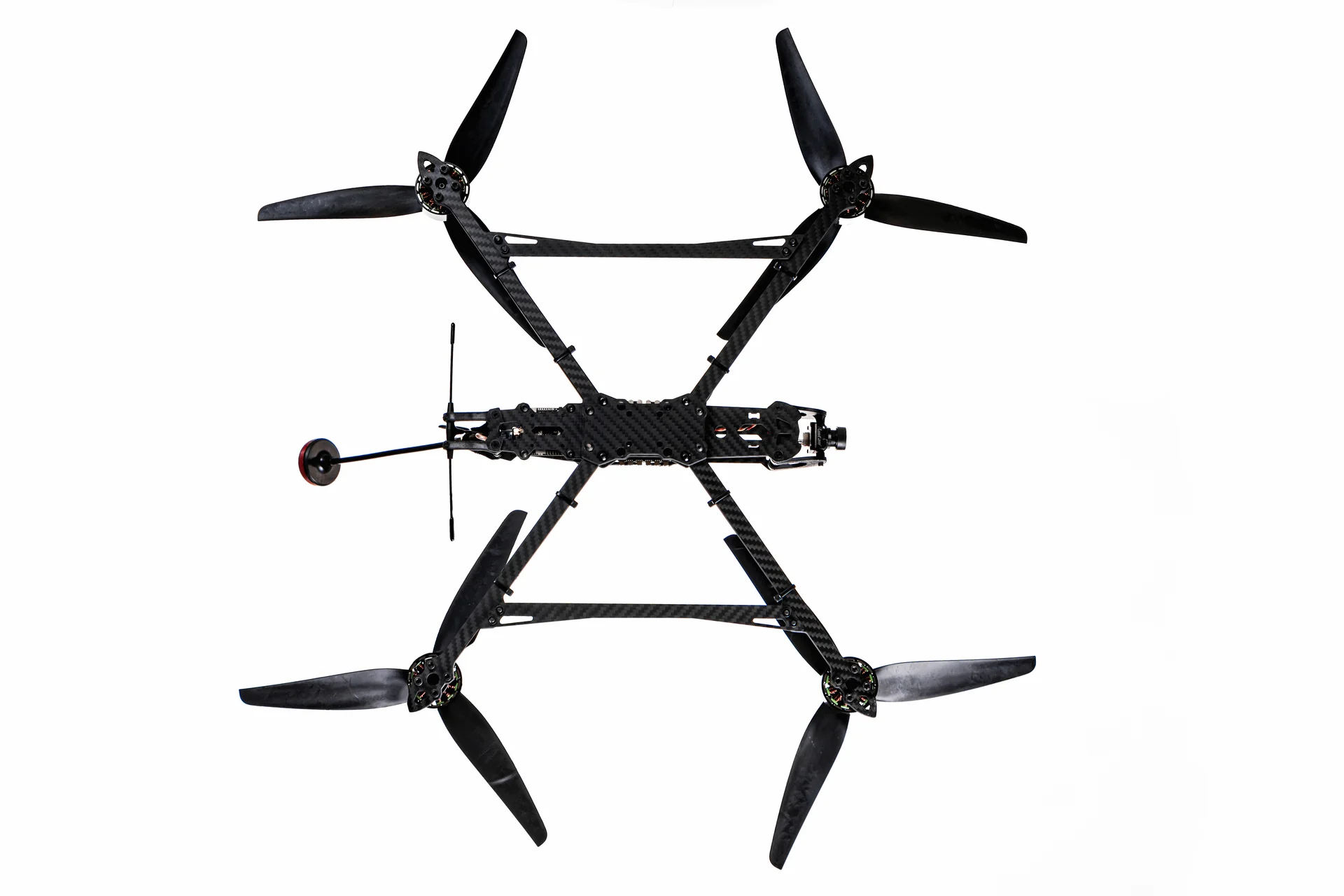 FPV U10 frame and propellers, overhead studio view