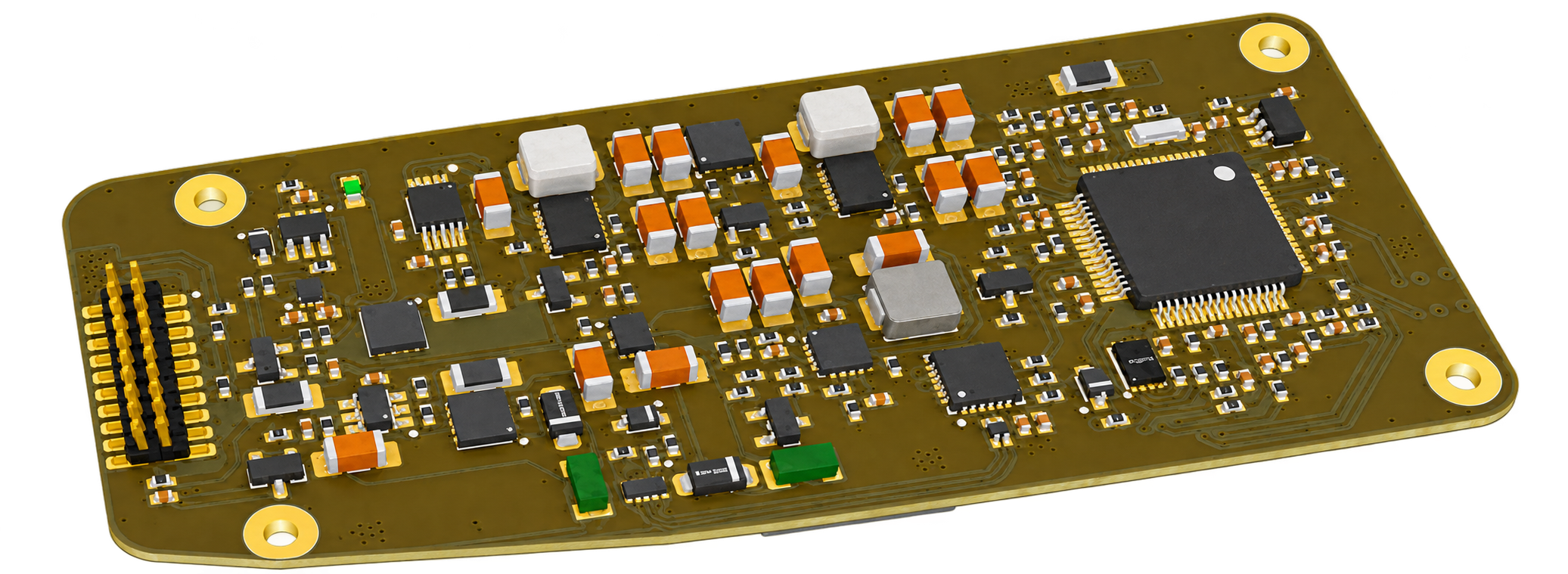 Microelectronics circuit board, angled top view.